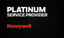 Label printer rewinder Platinum Service Provider Honeywell in white, red writing on black background