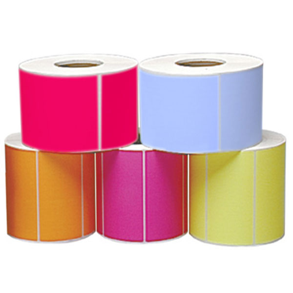 Unbedruckte, farbige Etiketten auf Rolle in pink, hellblau, orange, violett und gelb in verschiedensten Formen, Grössen und Materialien