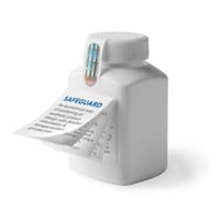 Printed booklet labels online in white and blue on a white plastic bottle