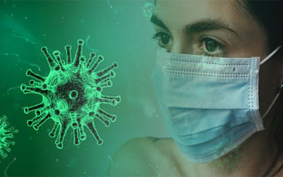 WILUX News Corona Virus Molekül in leuchtgrün, schwarz und Frau im Hintergrund mit hellblau weisser Maske
