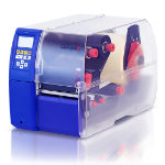 The Carl Valentin Compa V industrial label printer presents itself in vibrant blue, equipped with a digital display screen, button controls, a transparent casing, and red roll holders